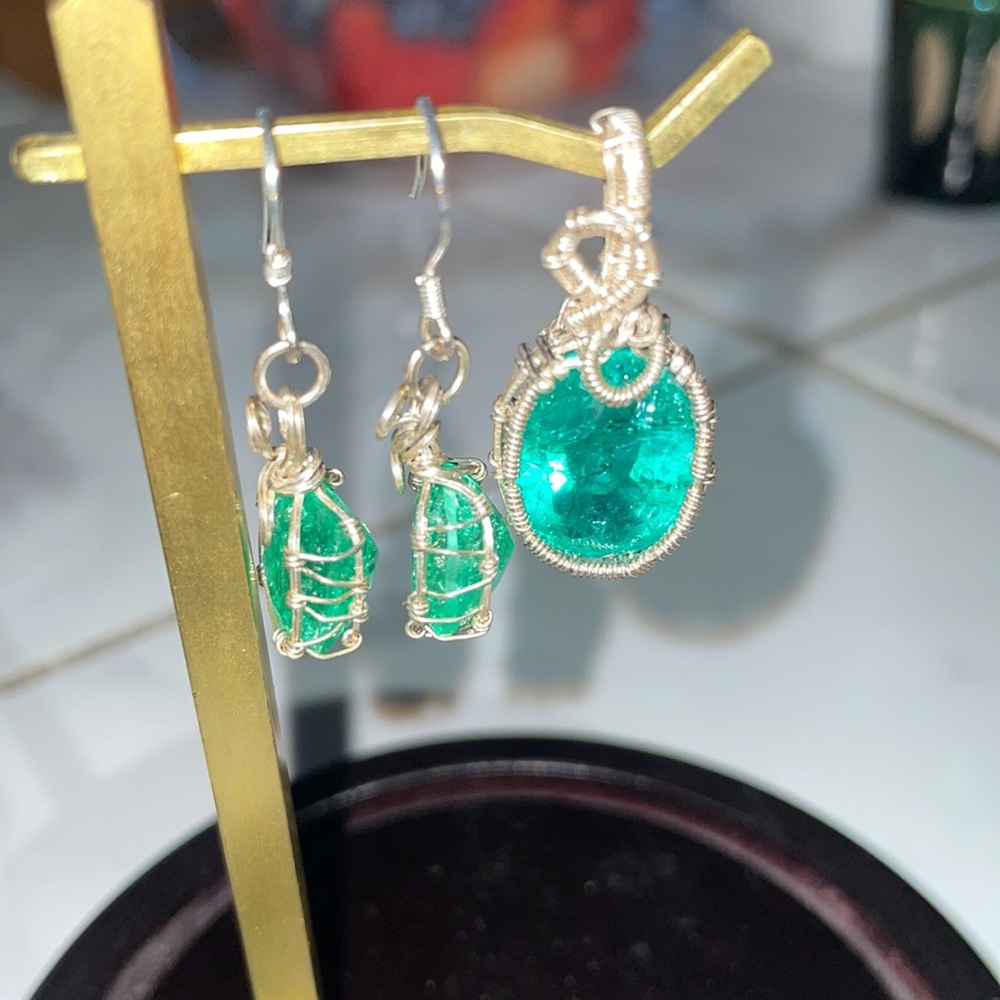 Silver Wire Wrapped Natural Emerald Set 😻 - Picture 4 of 7